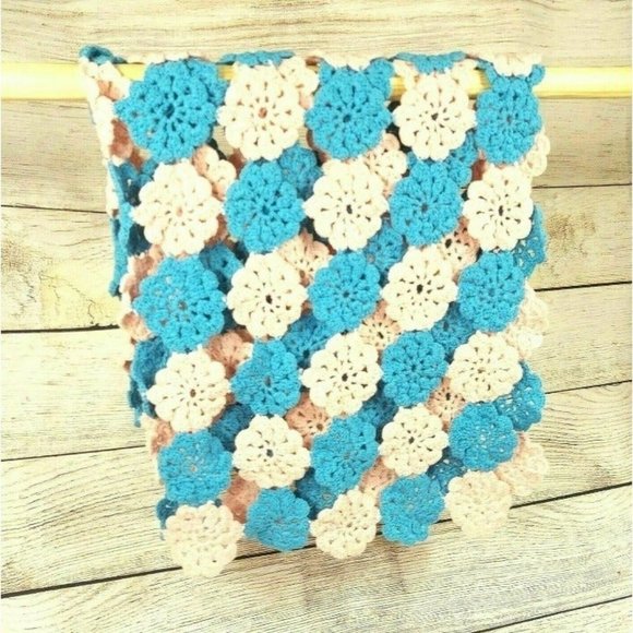 Knitted Wool Blanket Blue/Pink Floral Baby Kids Dorm Bedroom Crochet Throw Quilt - Picture 2 of 11